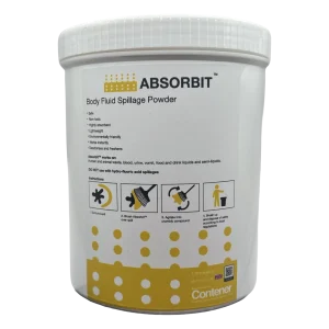White 1 litre tub of Absorbit body fluid spillage powder by Contener with yellow and white label