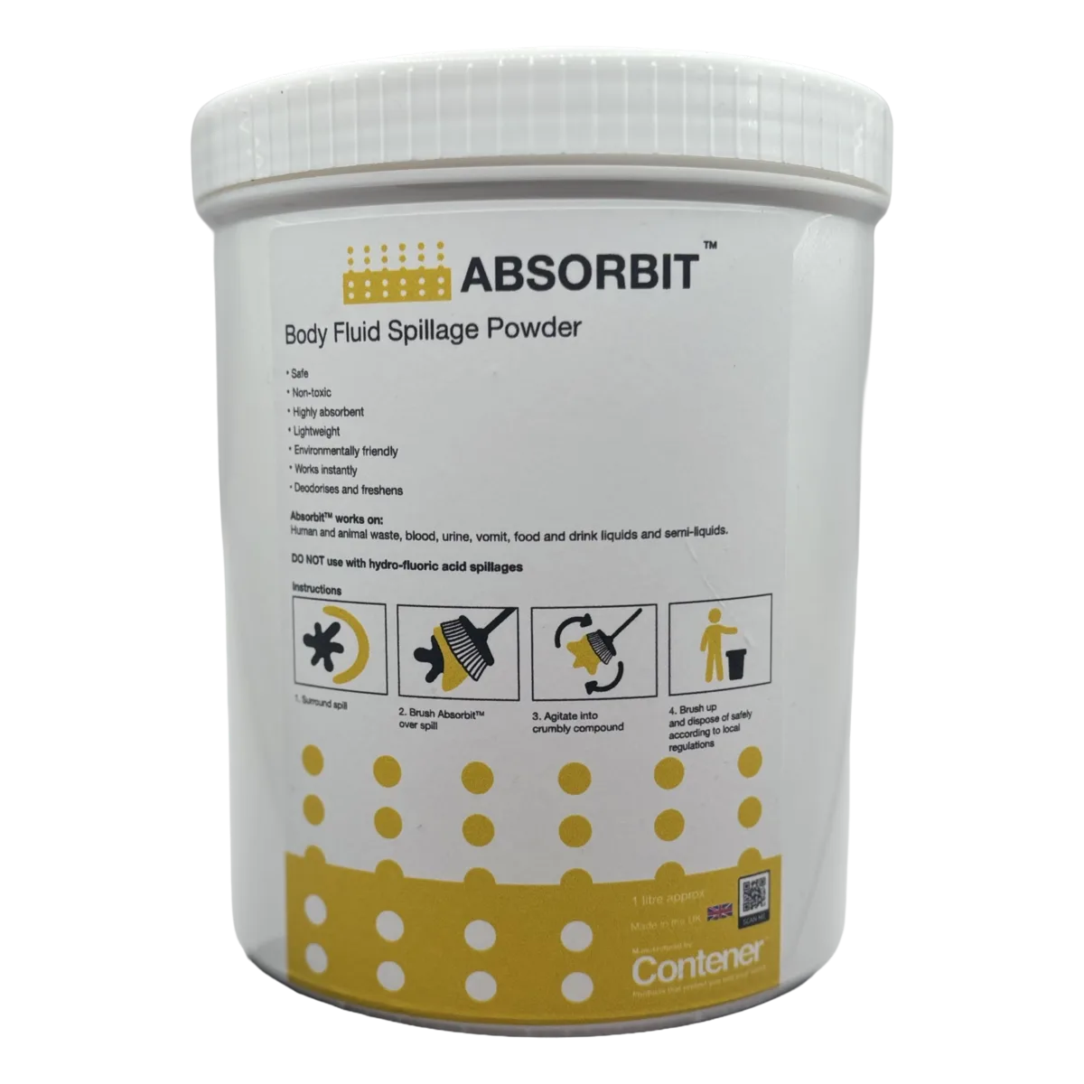 White 1 litre tub of Absorbit body fluid spillage powder by Contener with yellow and white label