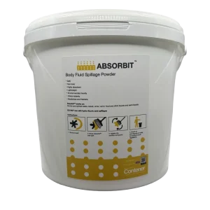 White 5 litre bucket with handle of Absorbit body fluid spillage powder by Contener with yellow and white label